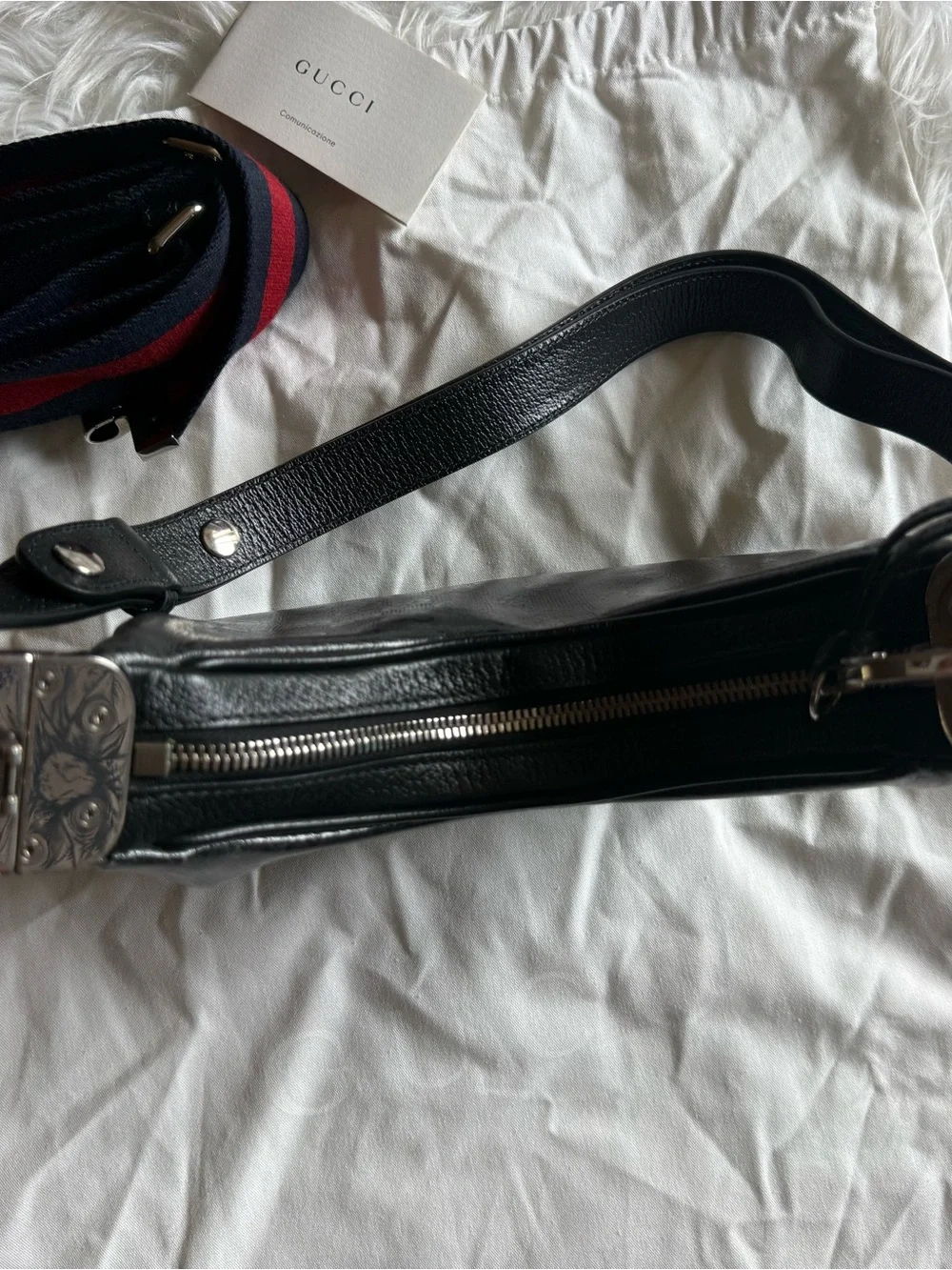 Gucci Black GG Monogram Crescent Shoulder Bag with Red-Blue Web Strap